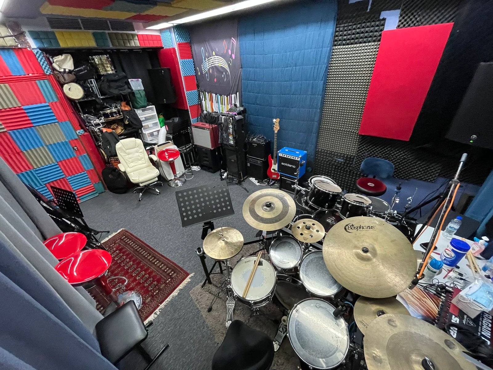 Band Masters Studio Singapore — full room with Bosphorus cymbals, Soldano amp and acoustic foam treatment